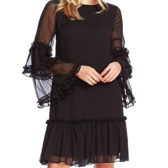 NWT- CeCE Ruffle Chiffon, Long Bell-Sleeve, Shift Dress- Rich Black- Small - Picture 5 of 11